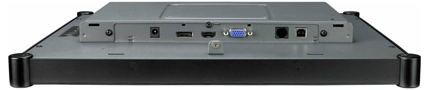 Zadní pohled na plochý monitor zobrazující připojovací porty, včetně USB, VGA, Ethernet a audio zásuvek.
