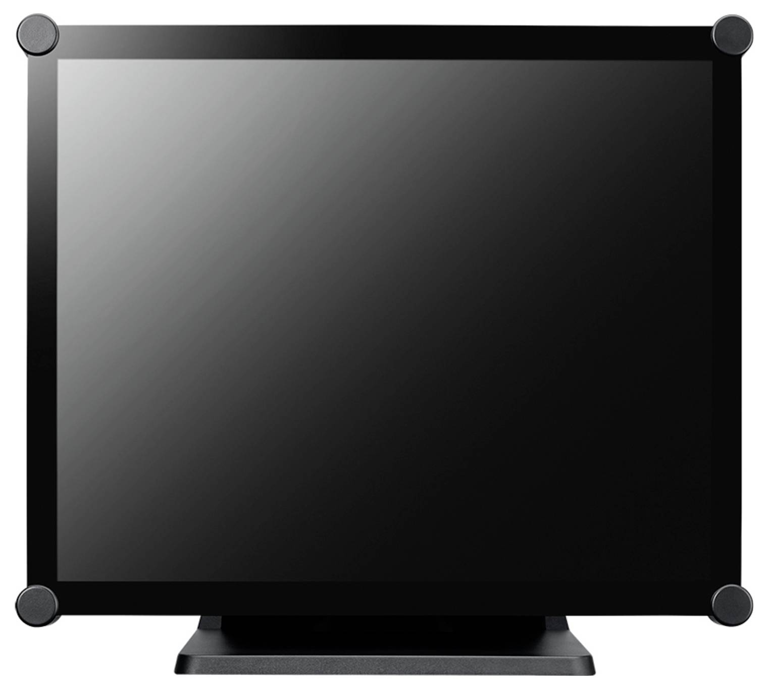 Přední pohled na prázdný černý plochý monitor nebo televizi na stojanu, zobrazené na bílém pozadí.