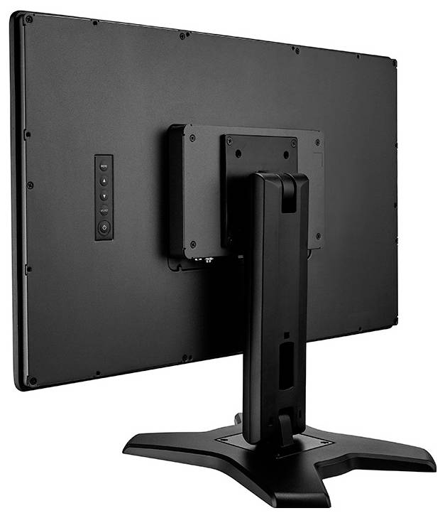 Pohled zezadu na plochý monitor na podstavci, ukazující VESA montáž a kanál pro vedení kabelů.