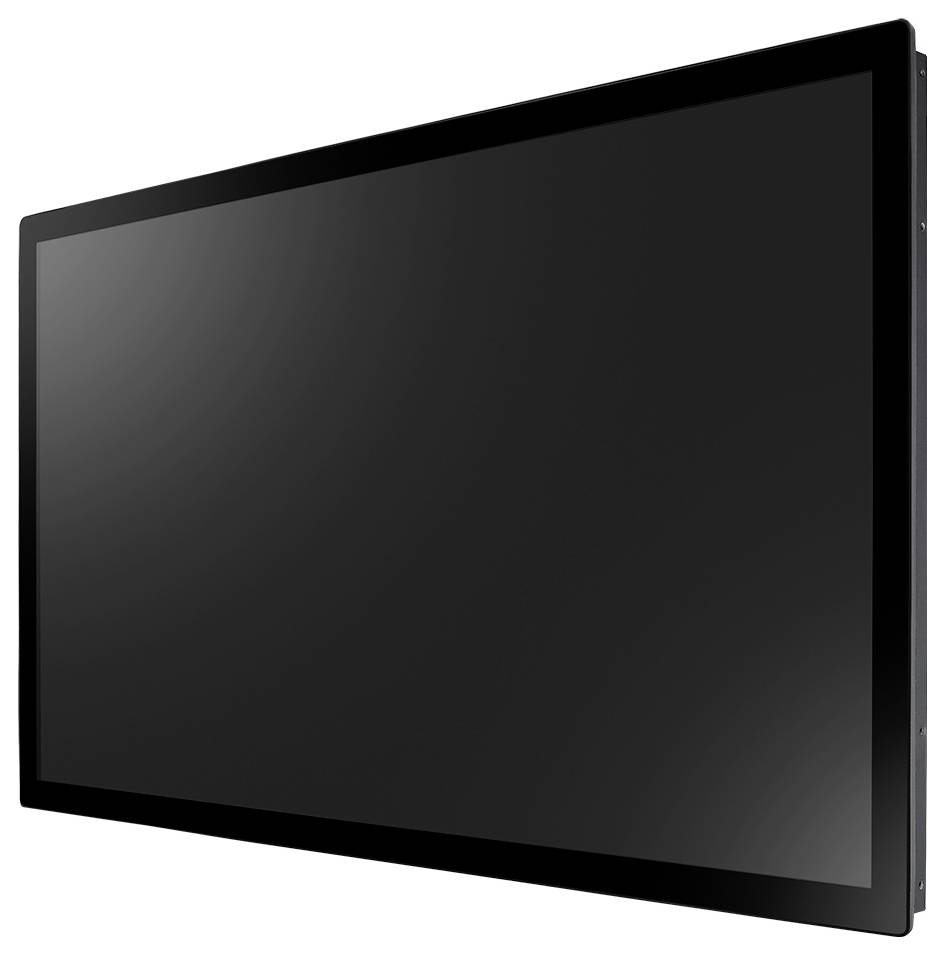 Černý plochý televizor nebo monitor zobrazený pod úhlem na bílém pozadí s vypnutou obrazovkou.