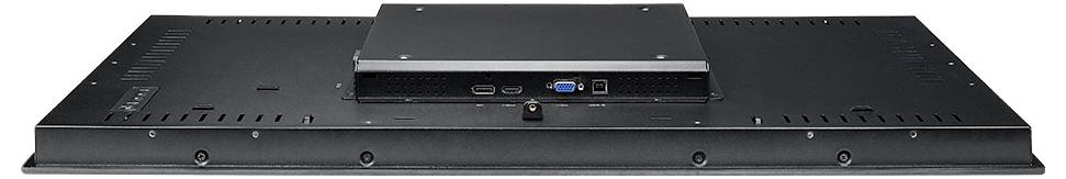 Pohled zezadu na plochý monitor s malým počítačem připevněným nahoře, zobrazující porty HDMI, USB, VGA a napájení.