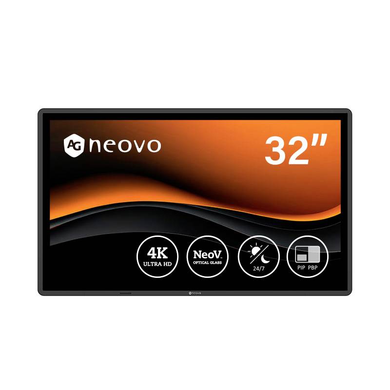 Monitor NeoVO 32 palců 4K Ultra HD zobrazený zepředu s ikonami funkcí pro optické sklo NeoV, provoz 24/7 a obraz v obraze/obraz vedle obrazu.