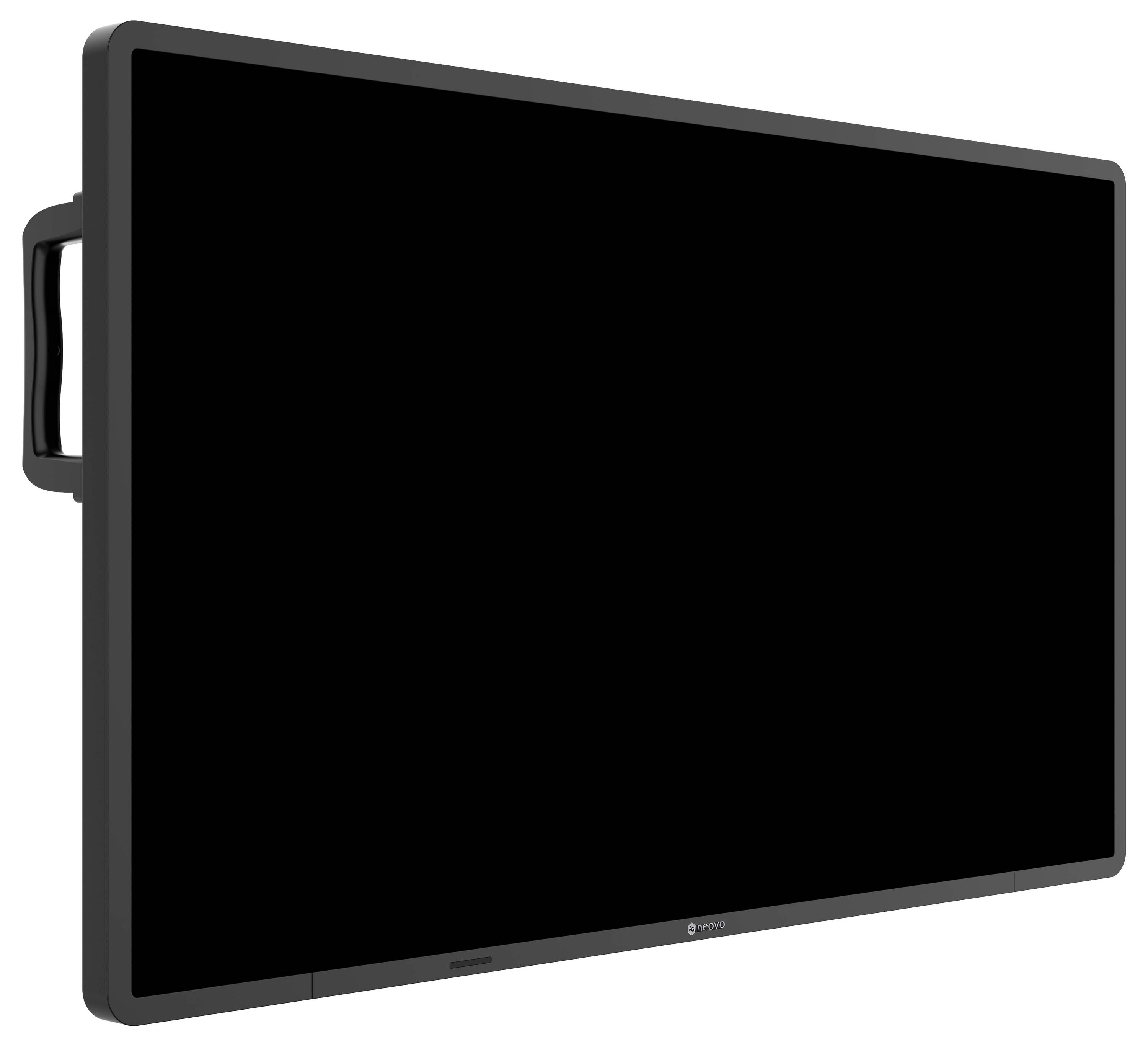 Velký černý plochý displej nebo monitor zobrazen v úhlu s rukojetí na levé straně, izolovaný na bílém pozadí.