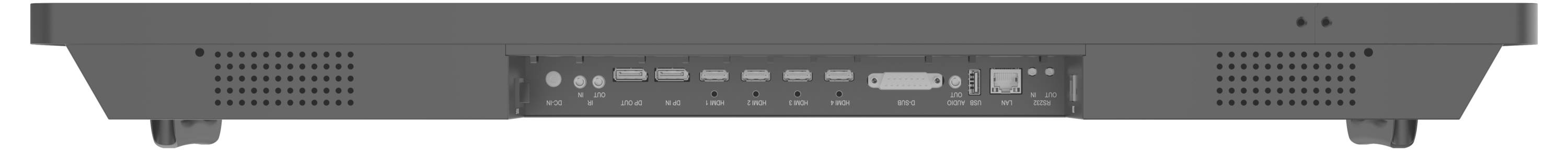 Zadní pohled na černou rackmount serverů nebo zvukovou jednotku s otvy pro větrání, porty a centrální ovládací panel.