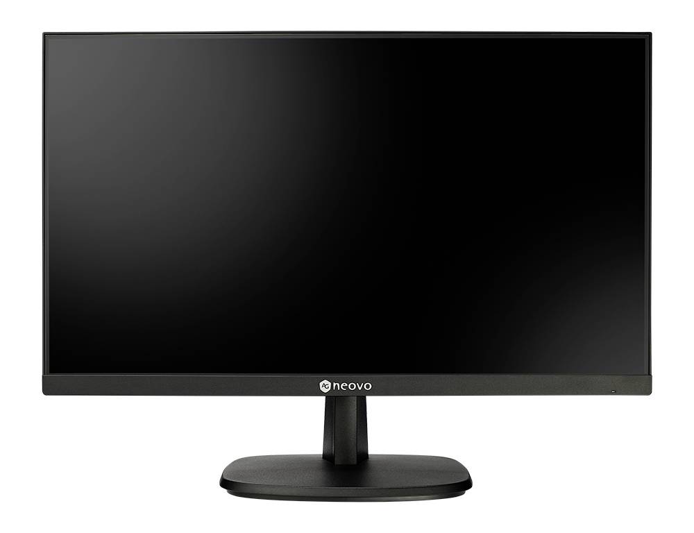 Černý počítačový monitor Neovo s prázdnou obrazovkou na stojanu, zobrazený čelně na bílém pozadí.