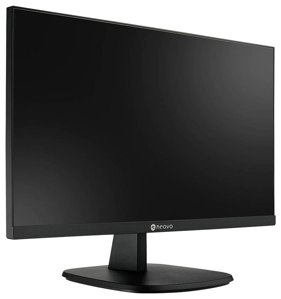 Černý plochý počítačový monitor s kulatou podstavou, pohled zepředu s logem „neovo" vycentrovaným na dolním rámečku.