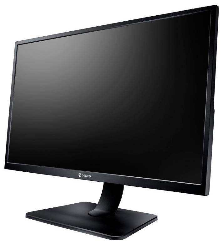 Černý plochý počítačový monitor na stojanu, zobrazený v úhlu na bílém pozadí.
