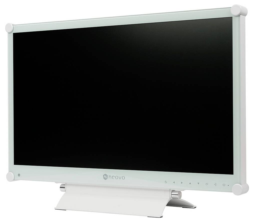 Velký černý monitor s plochým panelem a bílým rámem a stojanem, zobrazený zepředu na jednoduchém pozadí.