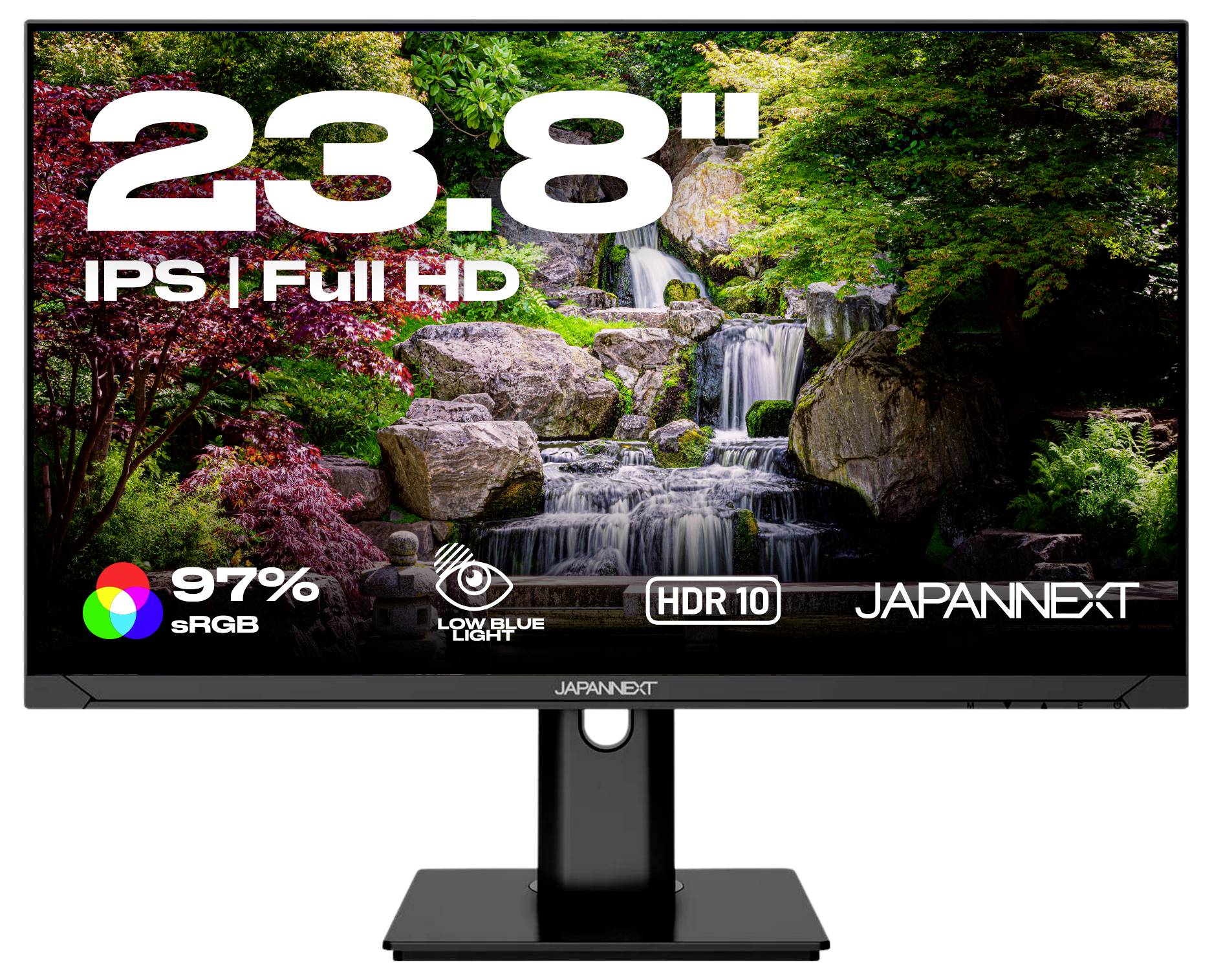 23,8palcový JAPANNEXT monitor s kaskádovým zobrazením propagace, zobrazující IPS Full HD, 97% sRGB, nízké modré světlo a HDR 10 loga.