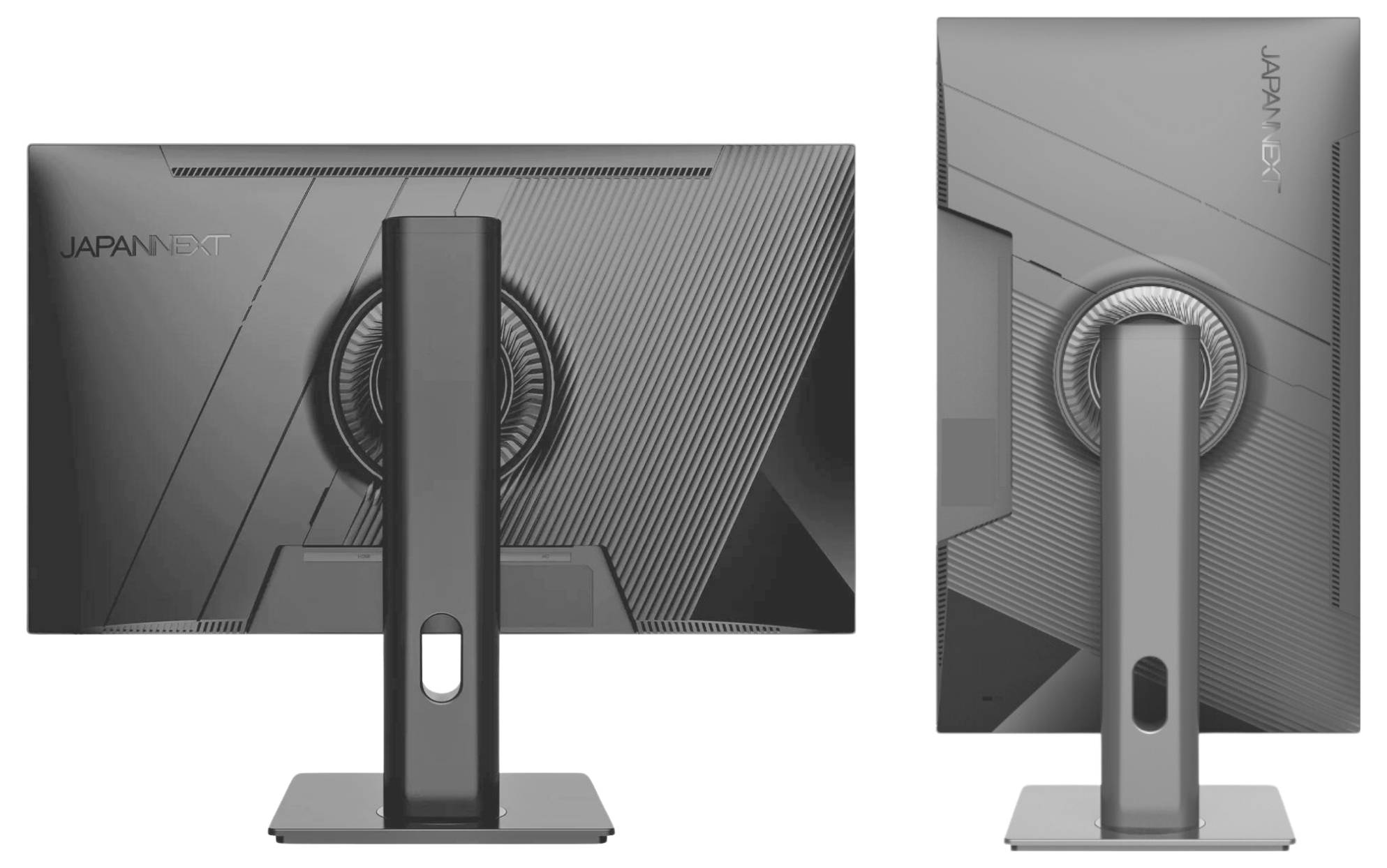Zadní a boční pohled na elegantní šedý monitor JAPANNEXT na stojanu, který ukazuje jeho centrální podporu a otvor pro kabely.