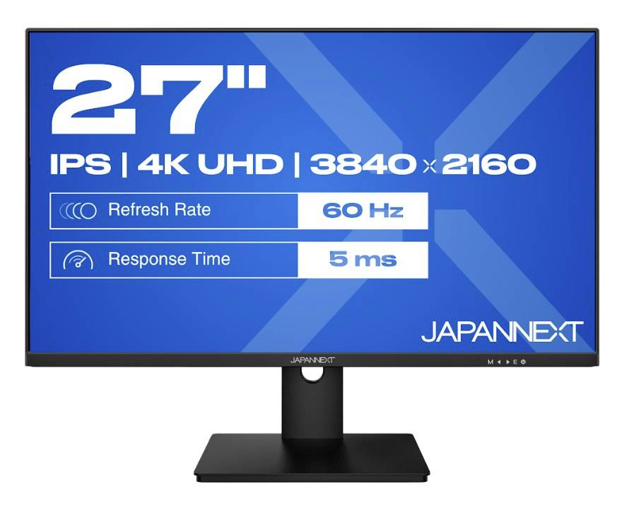 Produktový obrázek 27palcového monitoru JAPANNEXT zobrazující "IPS | 4K UHD | 3840×2160", obnovovací frekvenci "60 Hz" a čas odezvy "5 ms".