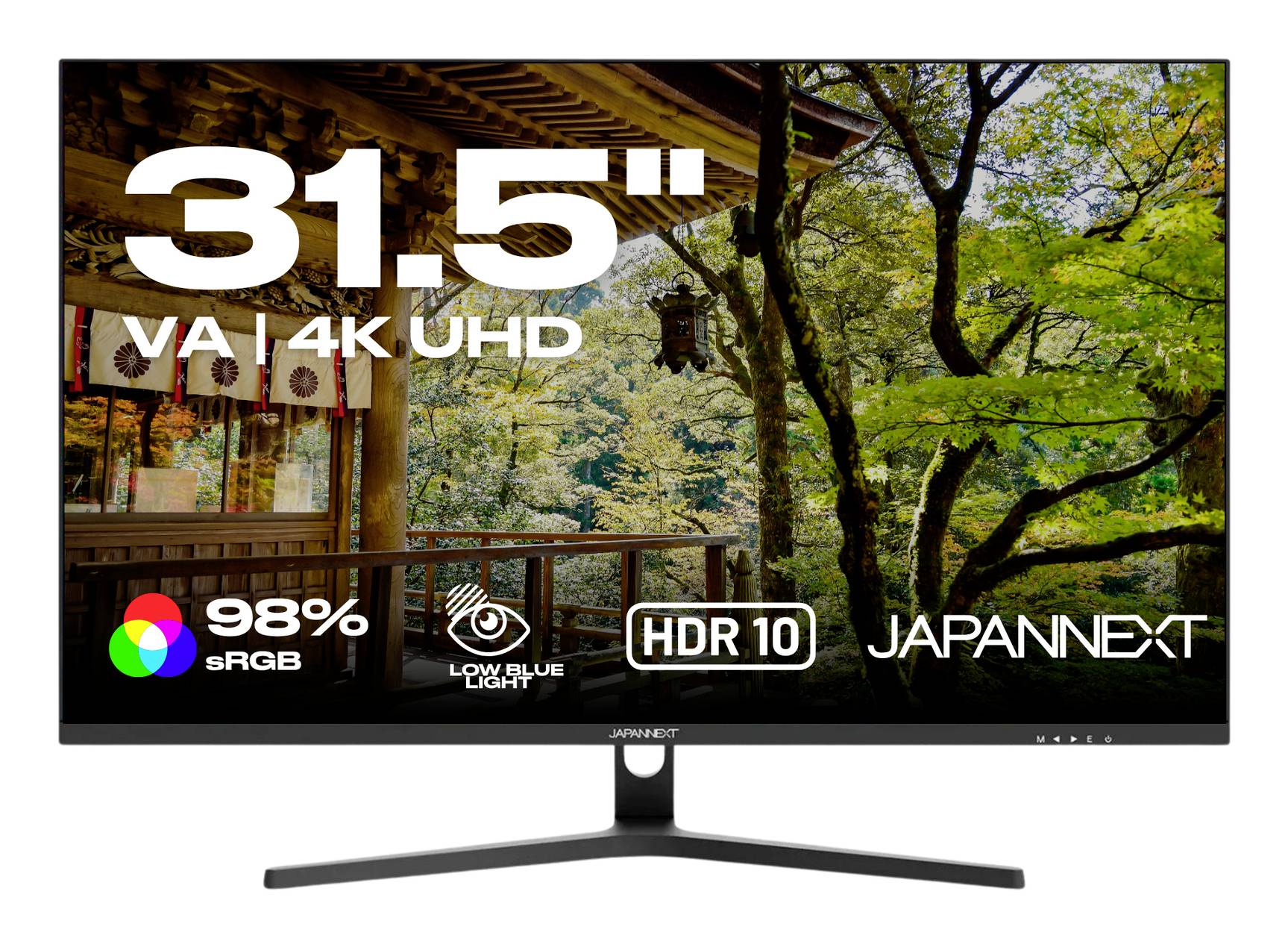 Obrázek produktu 31,5palcového VA 4K UHD monitoru JAPANNEXT s funkcemi 98% sRGB, nízkou modrým světlem a HDR10 zobrazeným na obrazovce.