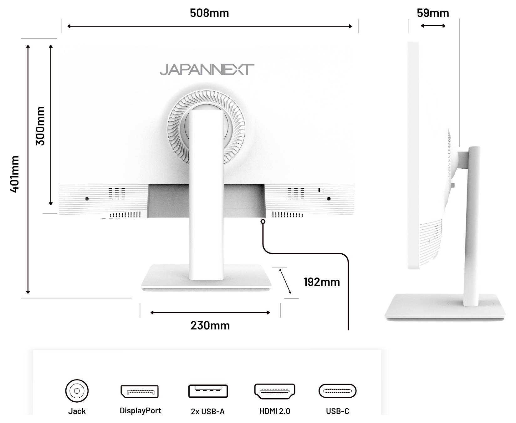 Diagram monitoru JAPANNEXT zobrazující rozměry: 508mm na šířku, 410mm na výšku, 59mm do hloubky, se základnou 230mm a výškou stojanu 192mm; zadní porty zahrnují Jack, DisplayPort, 2x USB-A, HDMI 2.0 a USB-C.