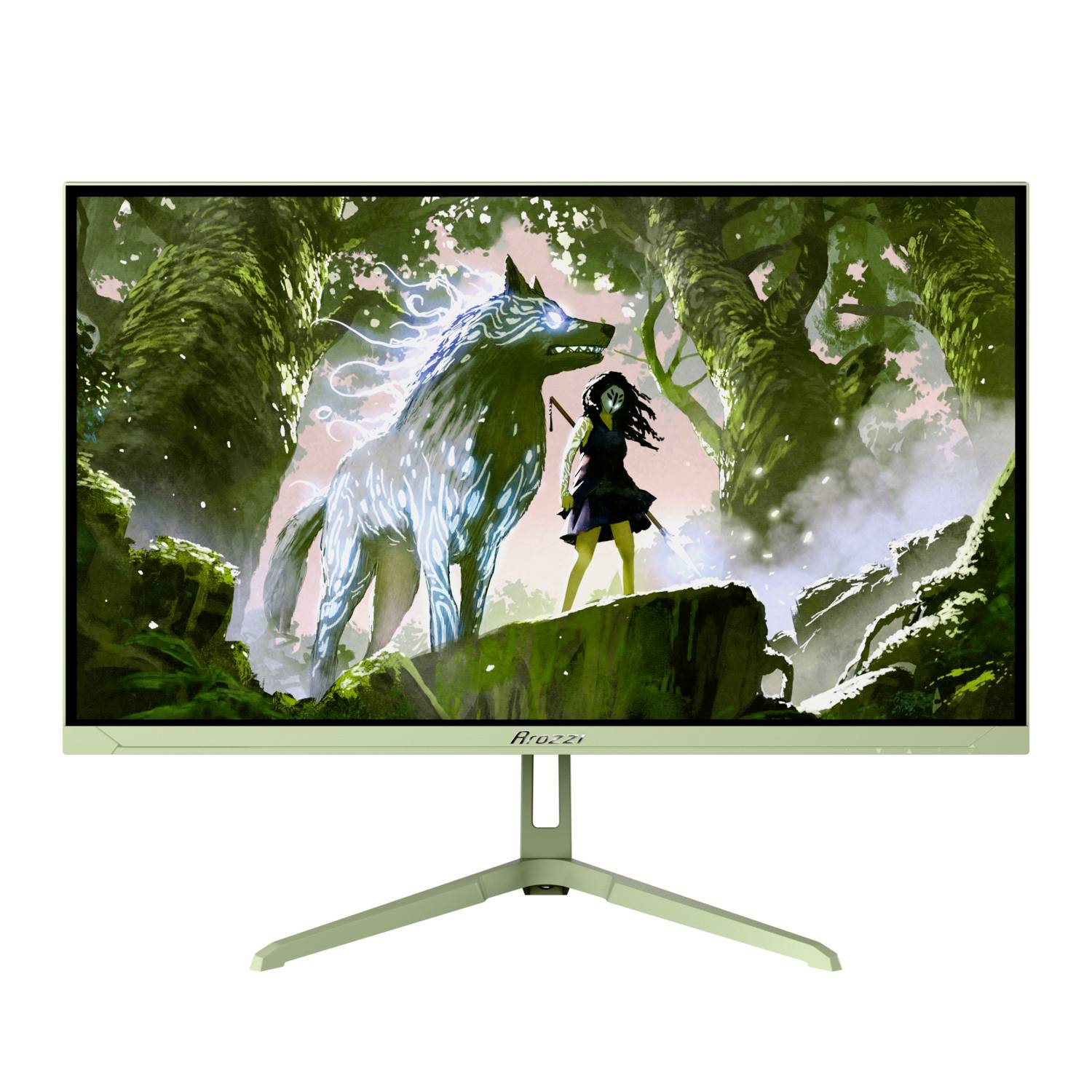 Zelený monitor Acer zobrazující fantasy umění zářícího vlka vedle stojící dívky v lese