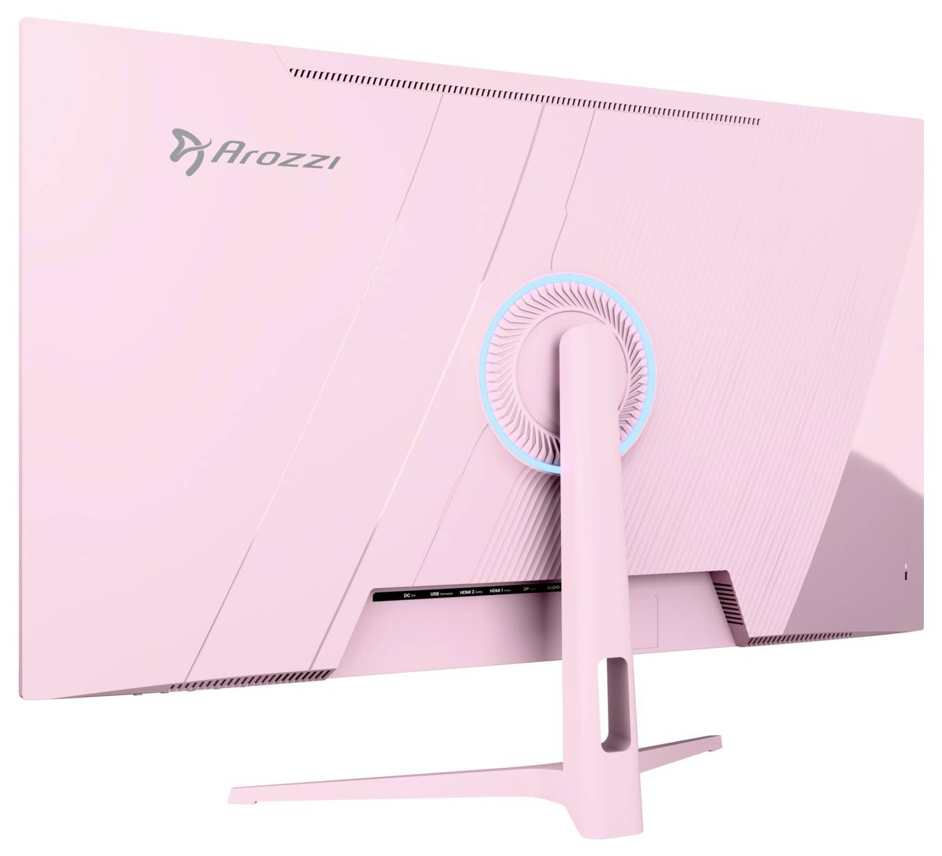 Zadní pohled na růžový monitor Arozzi s odpovídajícím stojánem, který ukazuje kruhový otvor pro správu kabelů a větraný zadní panel.