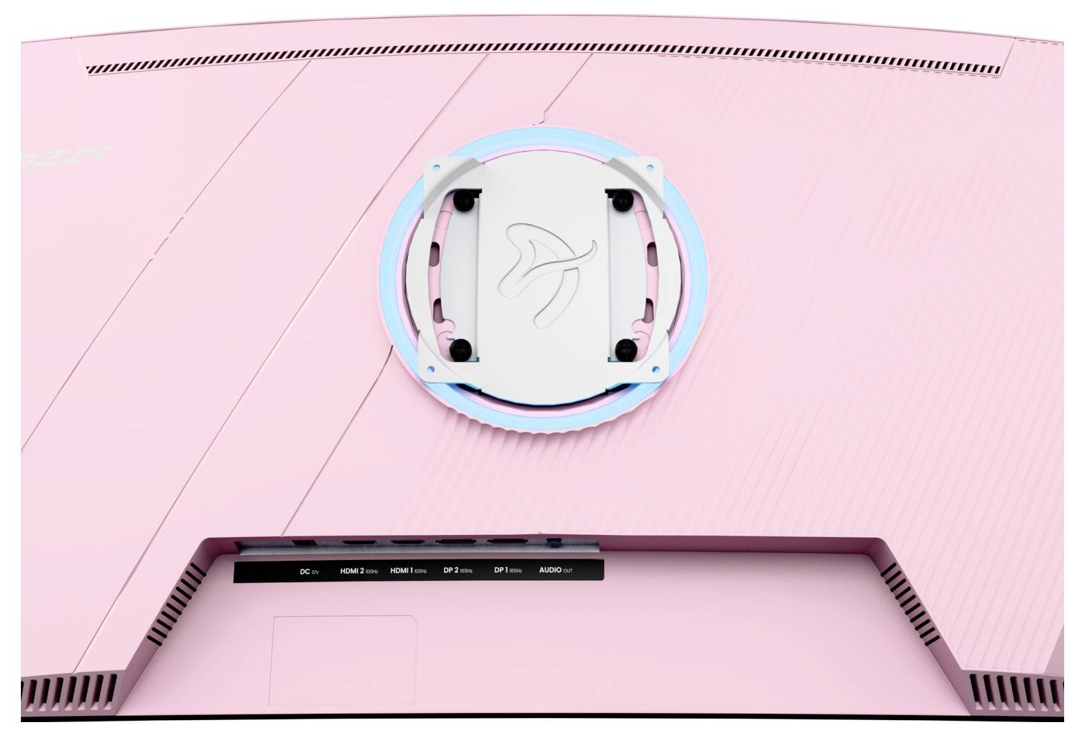 Pohled zezadu na růžový monitoru počítače s kruhovou montáží podstavce a otvory pro zadní větrání.