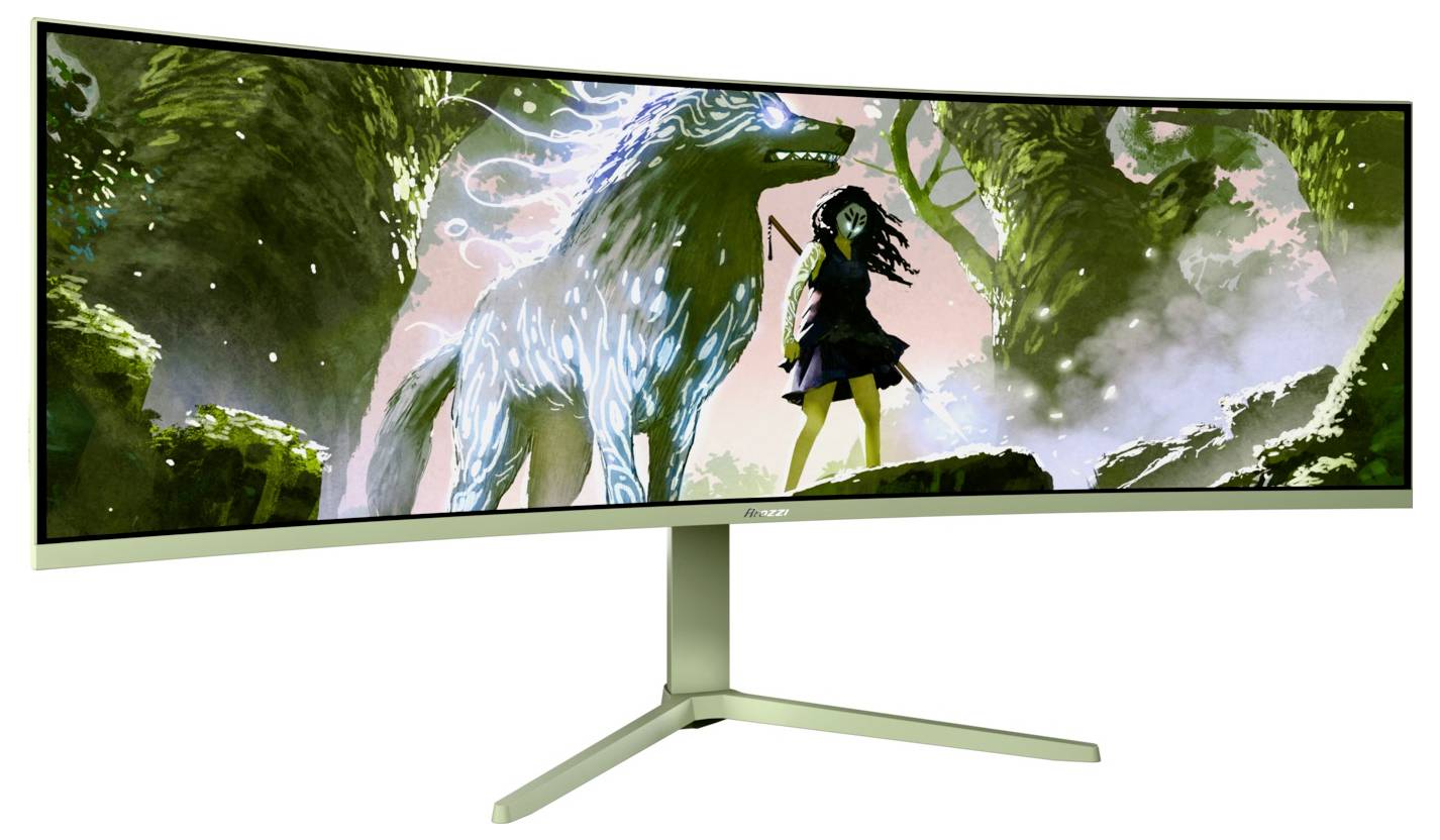 Ultraširoký zakřivený monitor zobrazující fantasy scénu dívky stojící vedle svítícího bílého vlka v bujné lese.