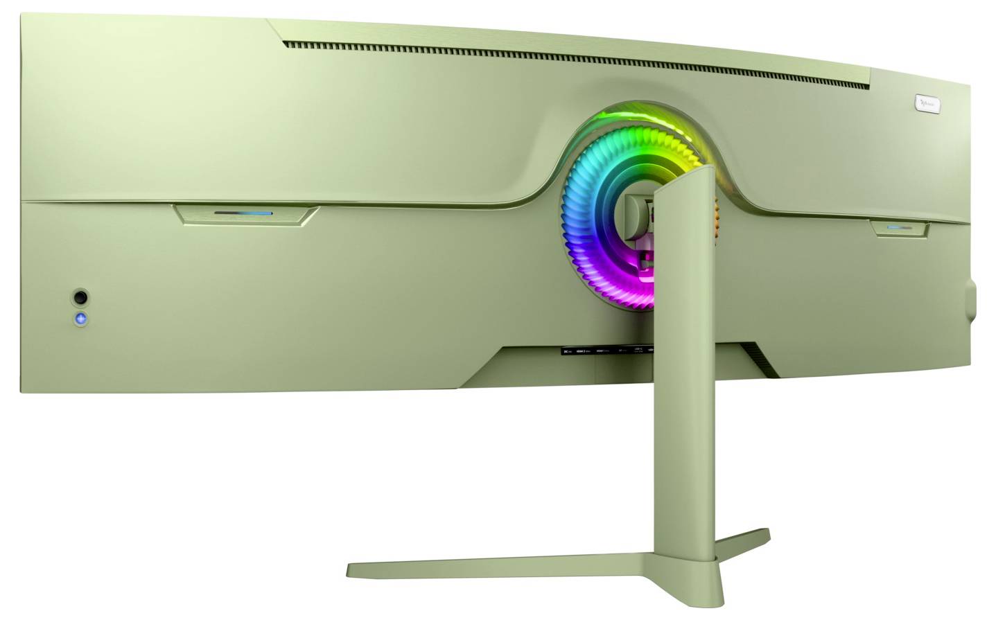 Zadní pohled na světlou zelenou zakřivenou obrazovku na stojanu, který ukazuje barevný kruh RGB světel kolem centrální oblasti závěsu.