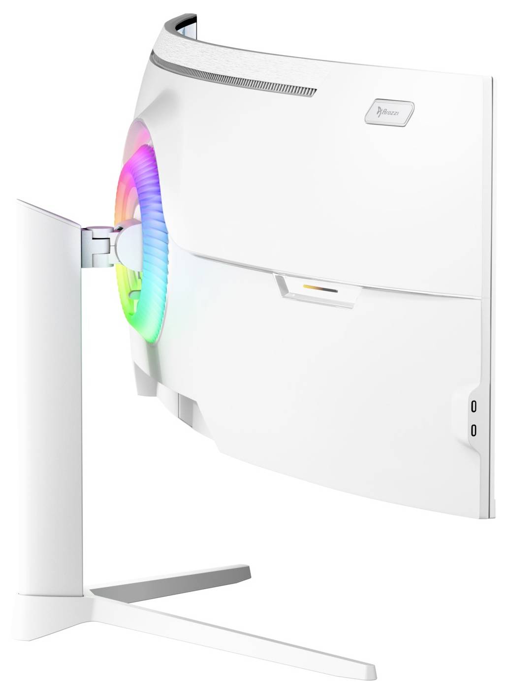 Bílý zakřivený monitor zobrazený v profilu se zadním RGB světelným prstencem a stojánem, který zvýrazňuje jeho moderní design.