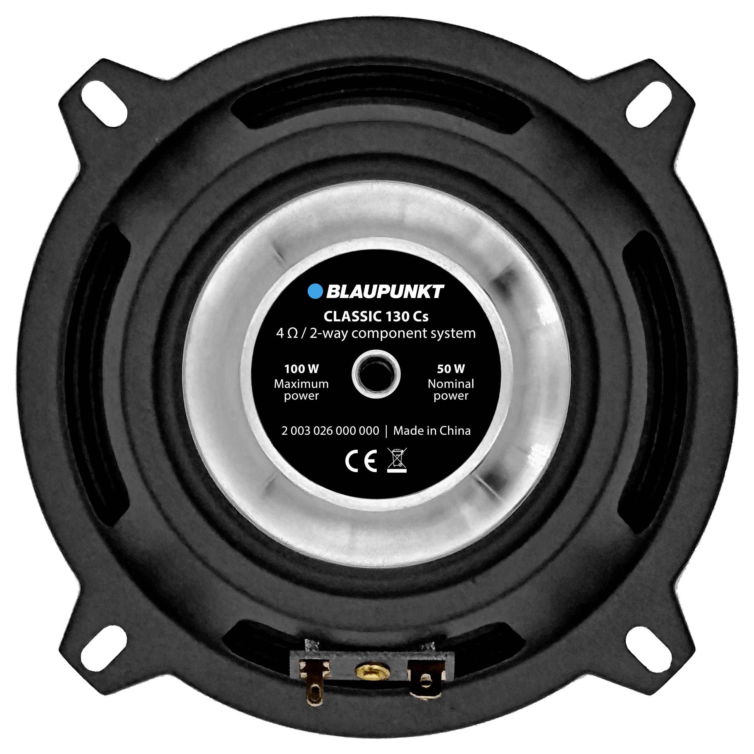 Černý kulatý reproduktor Blaupunkt označený „Classic 130 Cs", 4ohmový dvoucestný komponentový systém, max. 100 W a jmenovitý výkon 50 W.