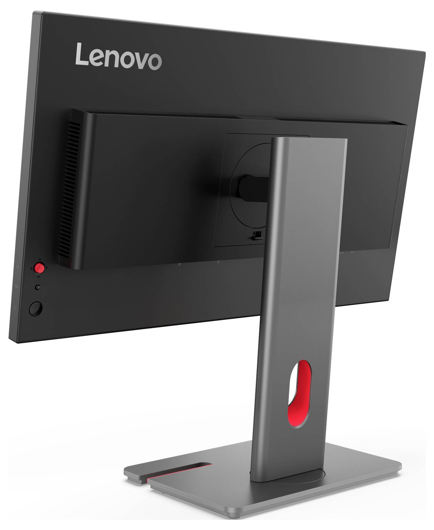 Zadní pohled na stolní monitor Lenovo na stojanu, který ukazuje porty a otvor pro vedení kabelů na zadní straně základny.