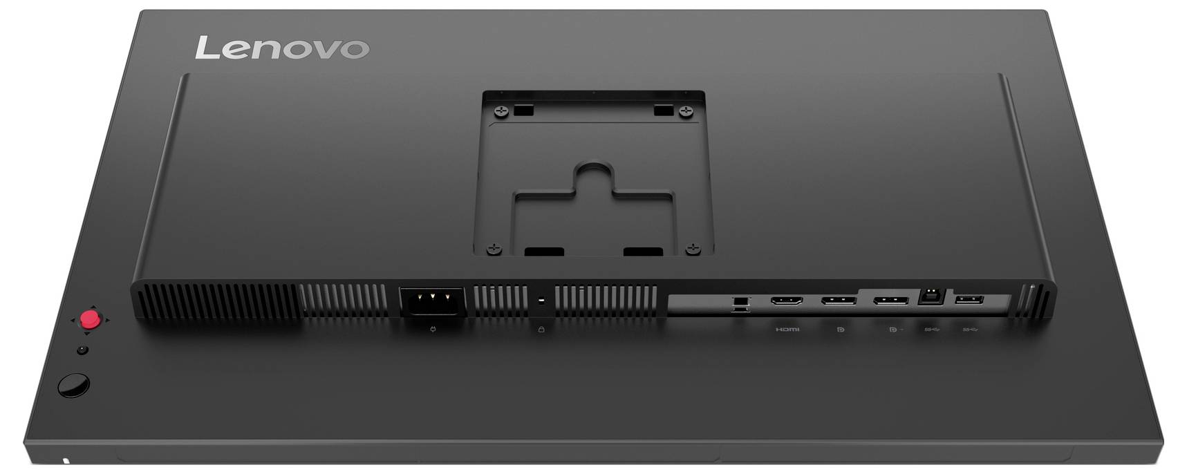 Zadní pohled na stolní monitor Lenovo ukazující VESA montáž, větrací mřížku, porty a tlačítko napájení na podstavci.