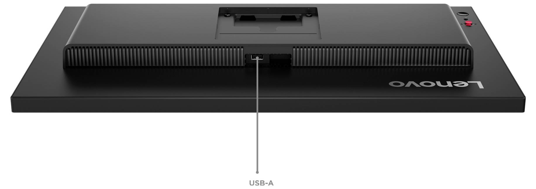 Pohled shora na monitor Lenovo se středovým portem USB-A, označeným "USB-A", který ukazuje umístění portu na displeji.
