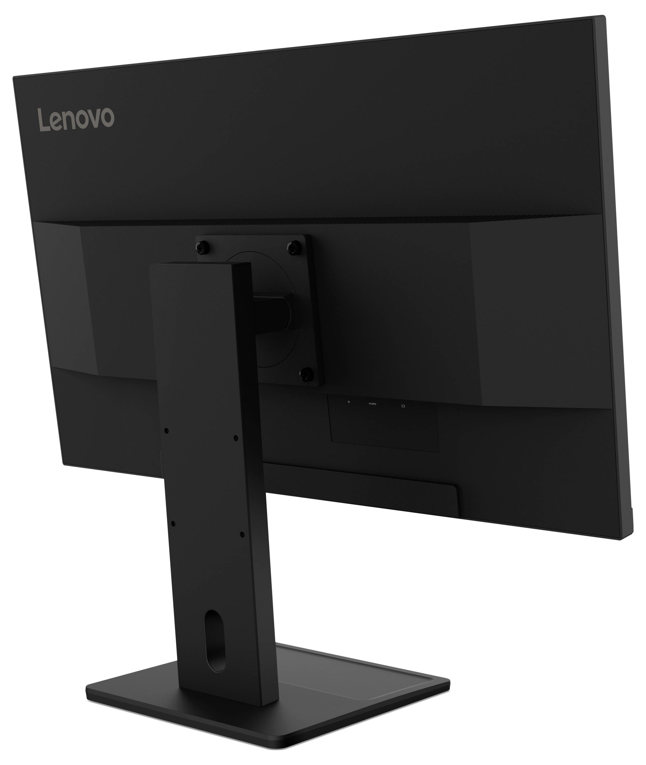 Zadní pohled na černý monitor Lenovo na obdélníkovém podstavci.