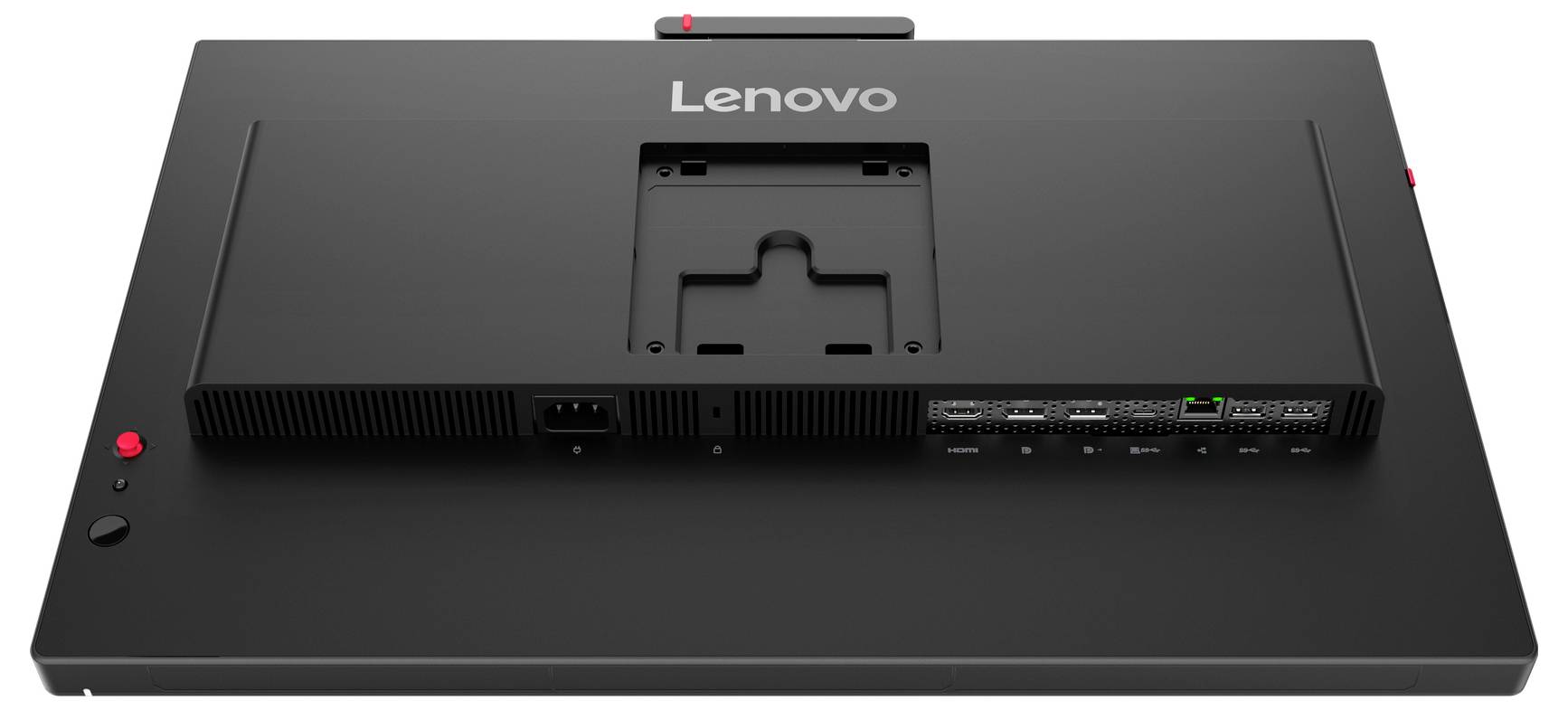 Zadní strana monitorů Lenovo all-in-one se zapuštěnými porty pro kabely, montáží stojanu a ventilací na černém stolním displeji.