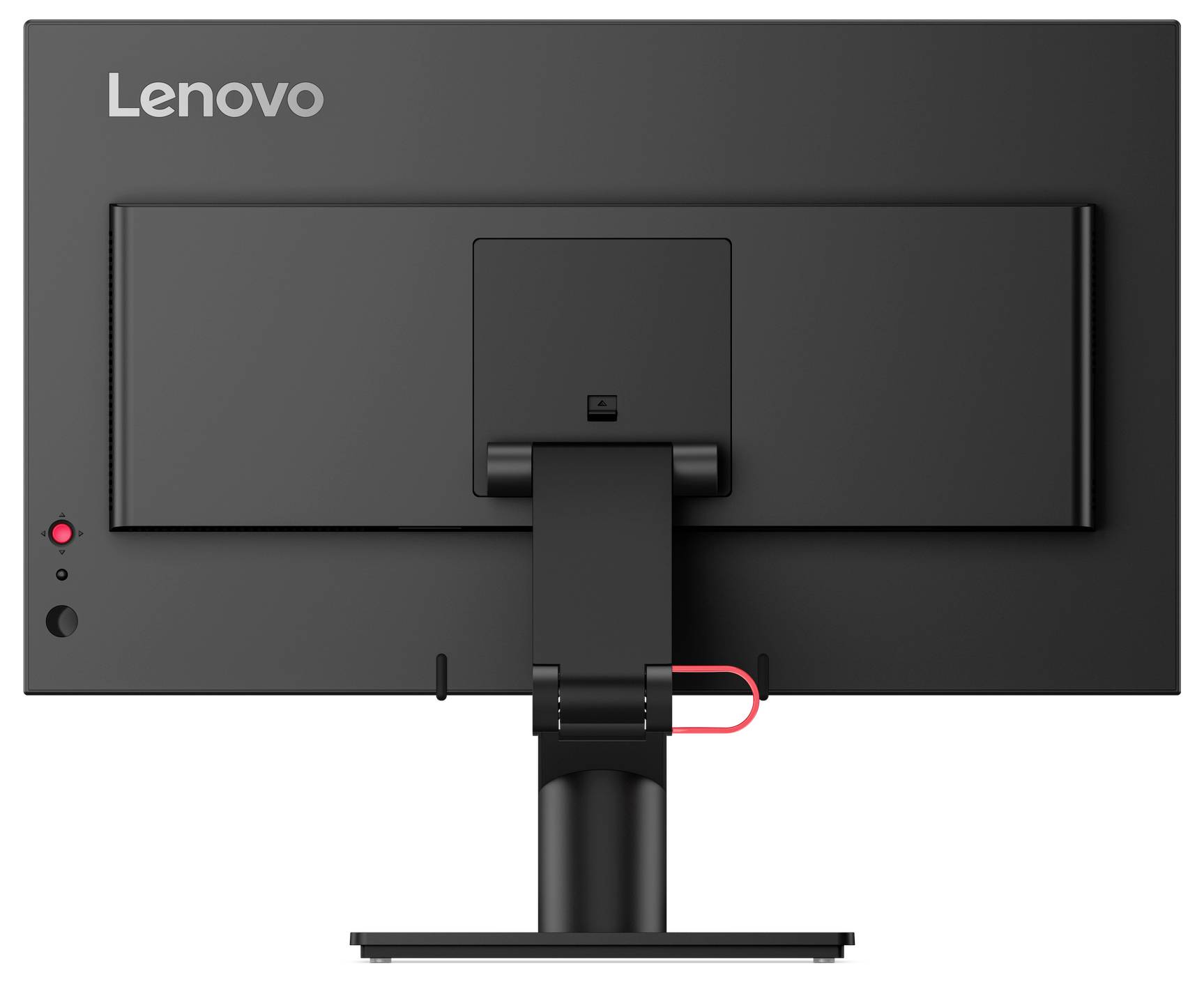 Zadní pohled na monitor Lenovo na stojanu, zobrazující nastavitelný držák a zvýrazněný klip pro vedení kabelů v dolní pravé části ramene.