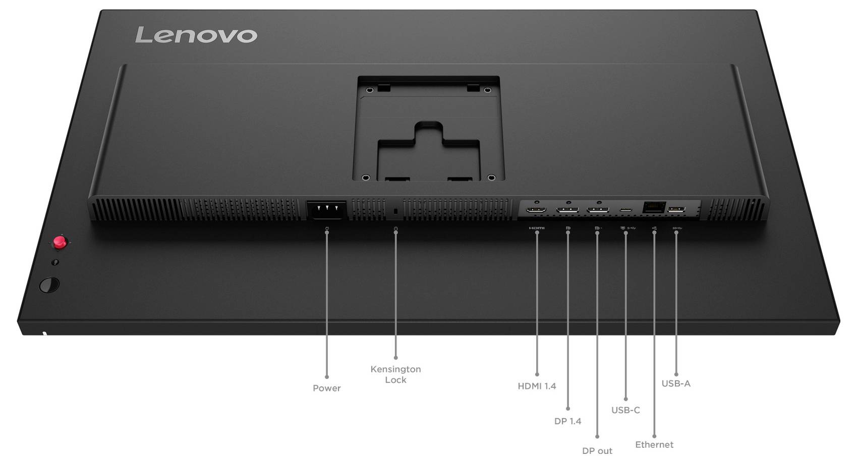 Zadní pohled na monitor Lenovo zobrazující označené porty a ovládací prvky: napájení, Kensington zámek, HDMI 1.4, DisplayPort, USB-C, USB-A a Ethernet.