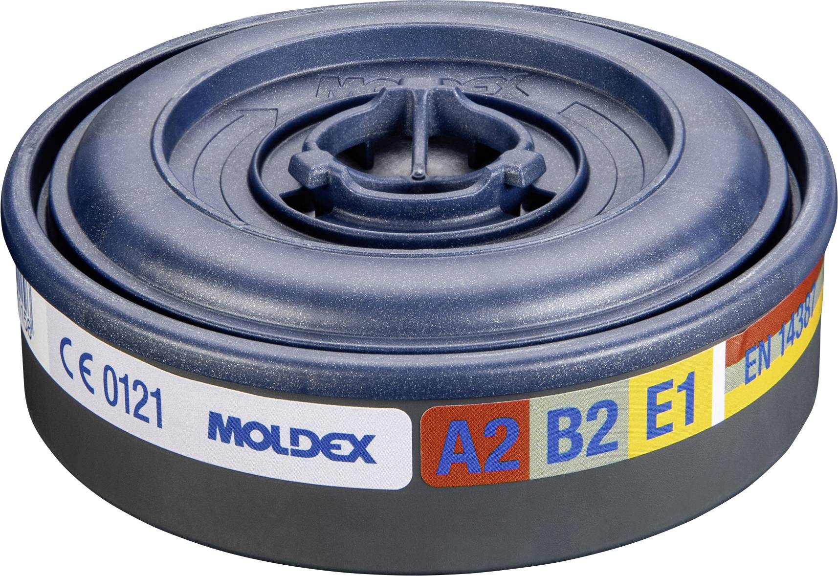 Moldexův filtr pro respirátor označený A2 B2 E1 na tmavě modrém a černém kulatém obalu.