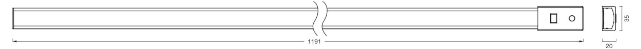 Diagram horizontálního vedení kabelu se zvlněným přerušením, ukazující dlouhou linii mezi levým koncem označeným 0 a pravým koncem označeným 20.