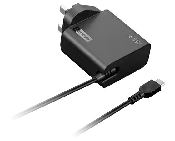 Nabíječka Lenovo 65W na zeď s připojeným kabelem a zástrčkou USB-C na bílém pozadí.