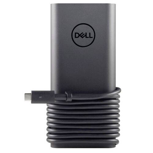 Dell USB-C napájecí adaptér s připojeným krčeným nabíjecím kabelem na prostém bílém pozadí.
