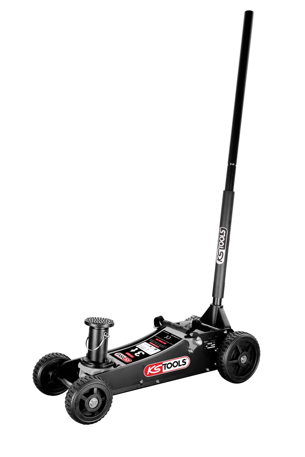 Černý zvedák KS Tools na kolečkách s dlouhým zvedacím madlem, zobrazený na bílém pozadí.