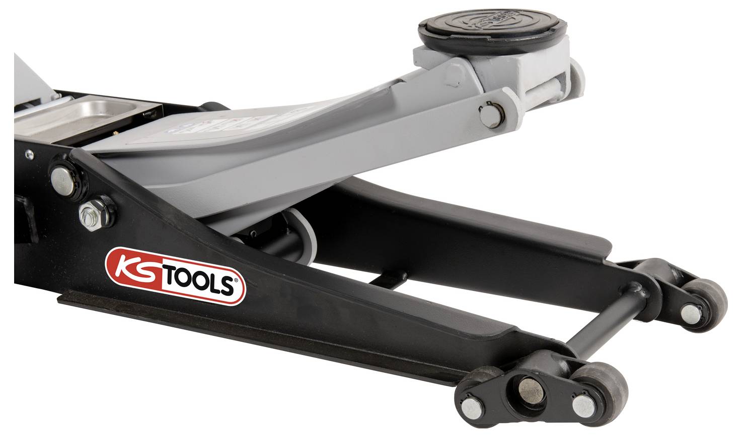 Nízkoprofilový hydraulický zdvihák podlahový s logem KS Tools, zobrazený v bočním pohledu na bílém pozadí.
