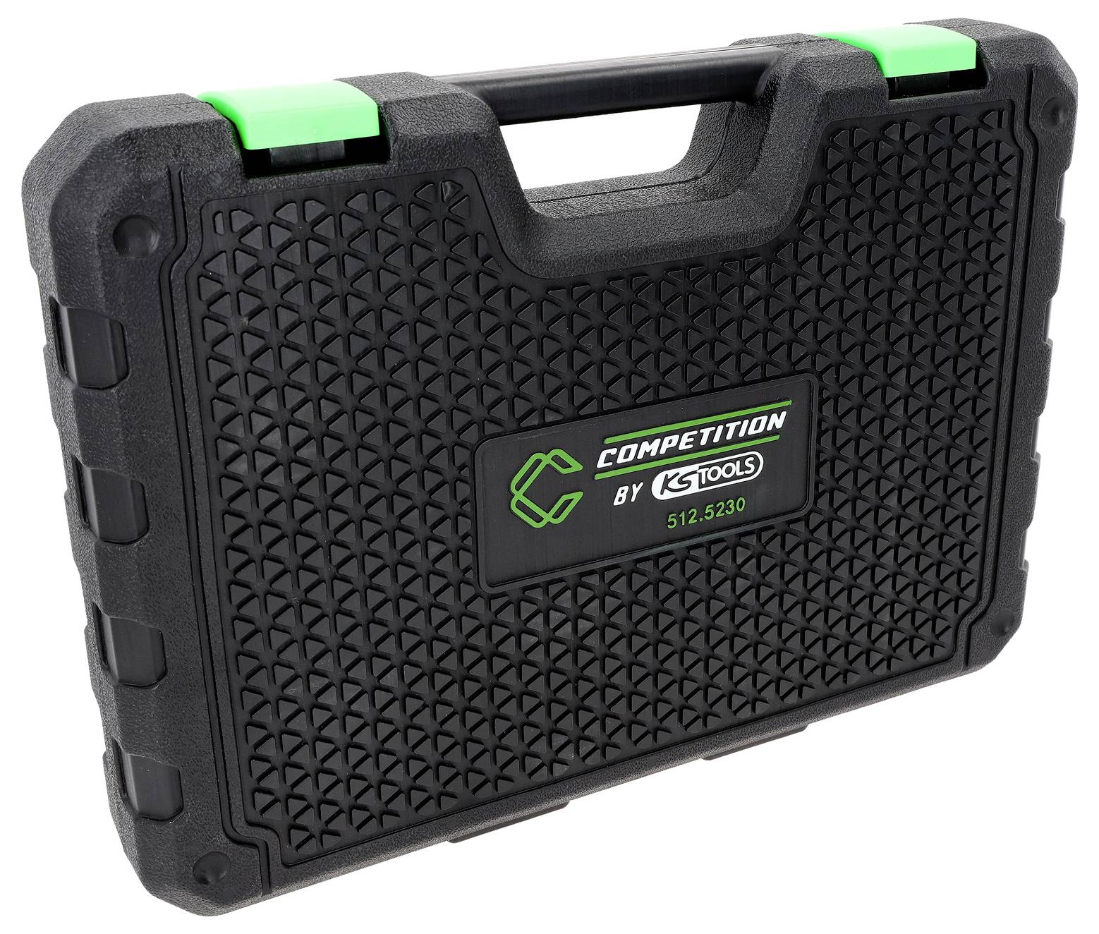 Černý tvrdý plastový kufr nástrojů se zelenými zámky a rukojetí, označený "Competition by K-Tools 512.5230".