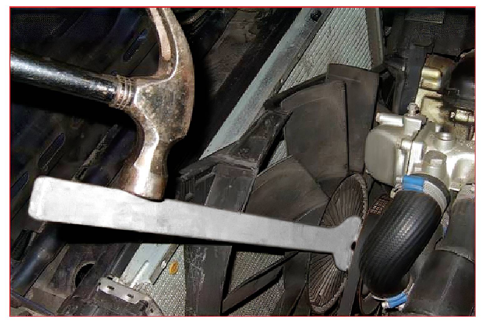 Kladivo a páčidlo používané v blízkosti ventilátoru automobilového motoru a hadice chladiče v motorovém prostoru