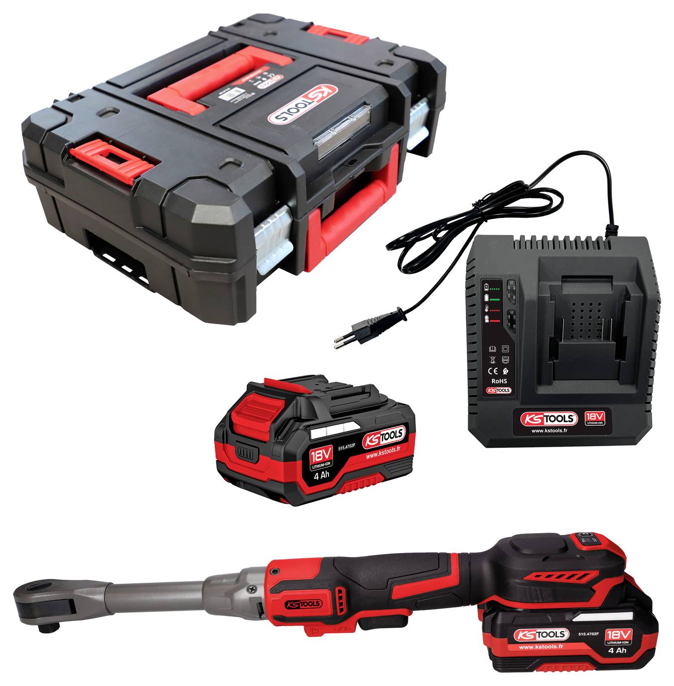 Sada bezdrátových nástrojů KS Tools 18V: kufr pro skladování, nabíječka baterie s kabelem, bateriový pack 4Ah a ráčnový klíč na bílém pozadí.