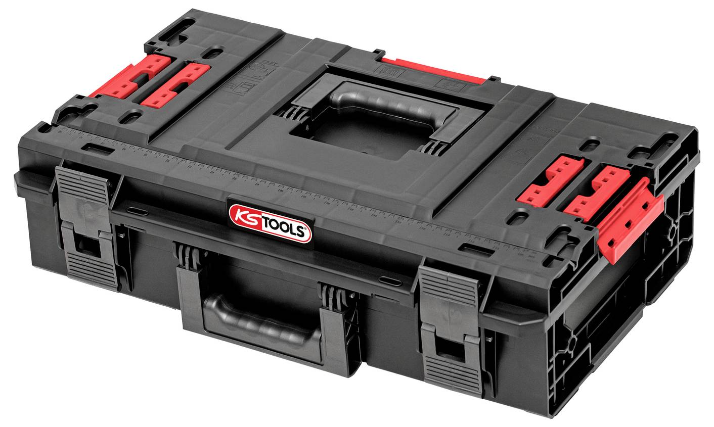 Černý plastový kufr na nářadí KS Tools s rukojetí na nošení a červenými detaily zámku na bílém pozadí.