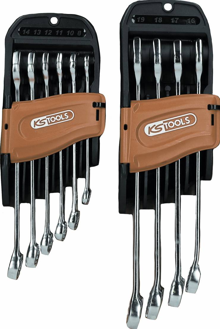 Dvě sady klíčů KS Tools v oranžových a černých držácích, každá se šesti kombinovanými klíči uspořádanými podle velikosti.