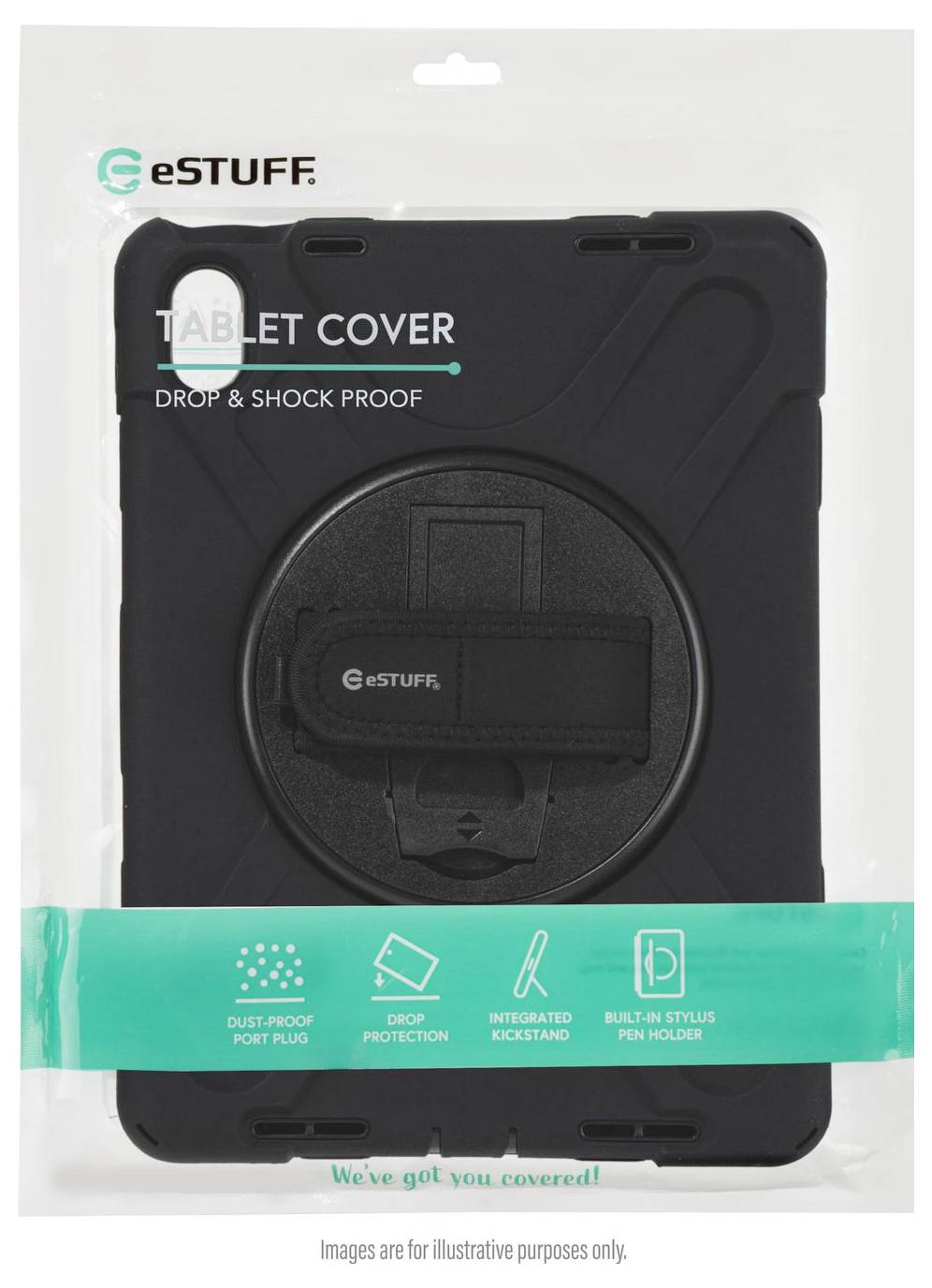 Černý kryt na tablet značky eSTUFF v maloobchodním balení, označený jako „TABLET COVER" a „DROP & SHOCK PROOF", s tyrkysovým prvkem a integrovaným držákem na pero.