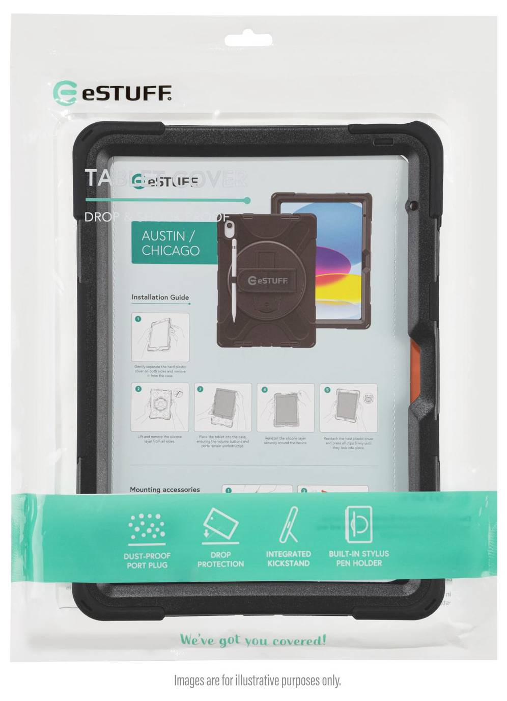 Obal tabletu eSTUFF s černým ochranným pouzdrem s integrovaným držákem na stylus a stojánkem, plus teálový dekorativní pruh.