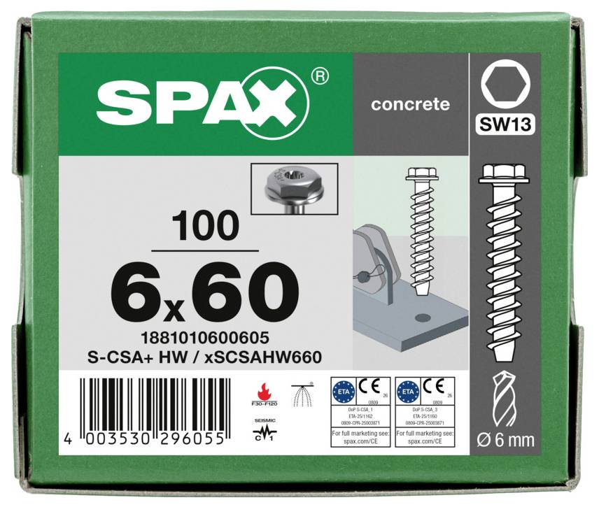 Krabička SPAX betonového šroubu označená SW13, 6 x 60 mm, balení 100 kusů, s ilustrací produktu a čárovým kódem.