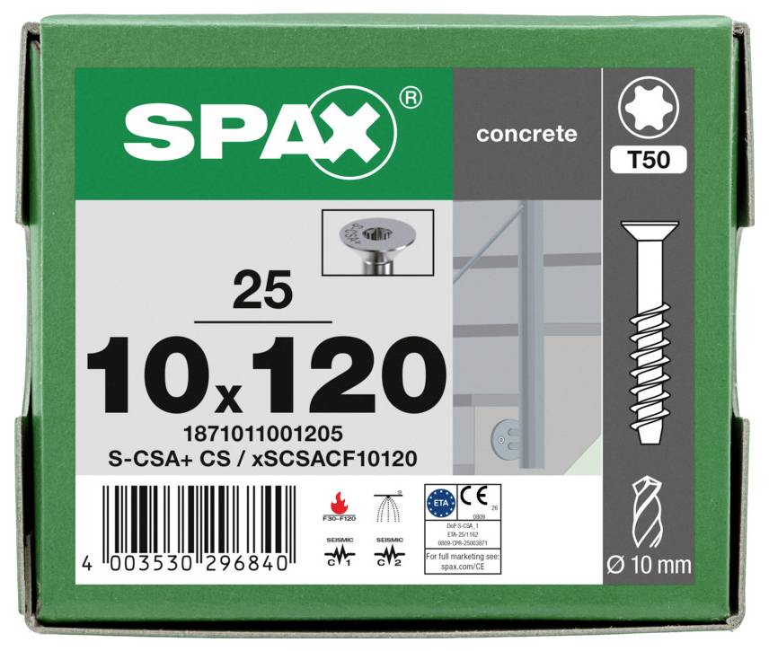 Betonové šrouby SPAX v krabici označené „10 x 120" s bitem T50, množství 25 kusů, a průměr 10 mm pro použití v betonu.