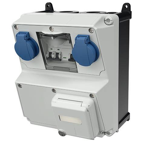 Venkovní box pro elektrické rozdělení se dvěma modrými kryty zásuvek a spodním přístupovým panelem, zobrazený na bílém pozadí.