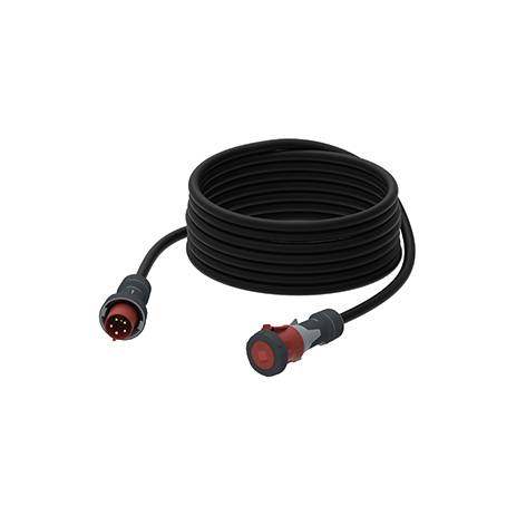 Stočený černý kabel s kruhovými konektory na obou koncích, zobrazený na bílém pozadí.