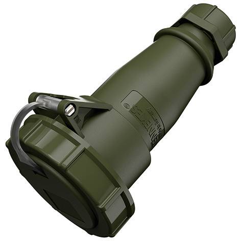 Khaki-zelený průmyslový elektrický konektorový konektor se ochranným víkem, zobrazen na bílém pozadí.