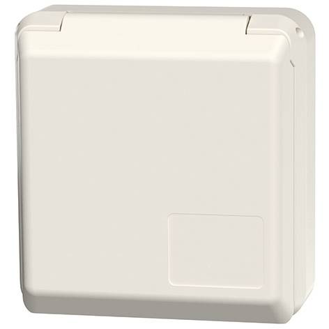 Bílá plastová nástěnná elektrická skříň se sklopným krytem a malým přístupovým panelem.